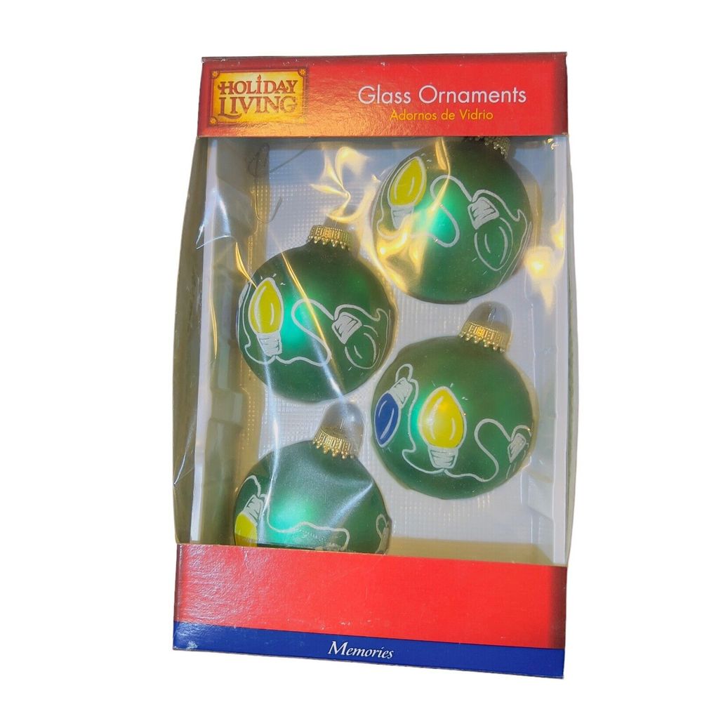 VTG NOS Holiday Living Green Glass 4 Ornaments Christmas by Krebs Light Set USA